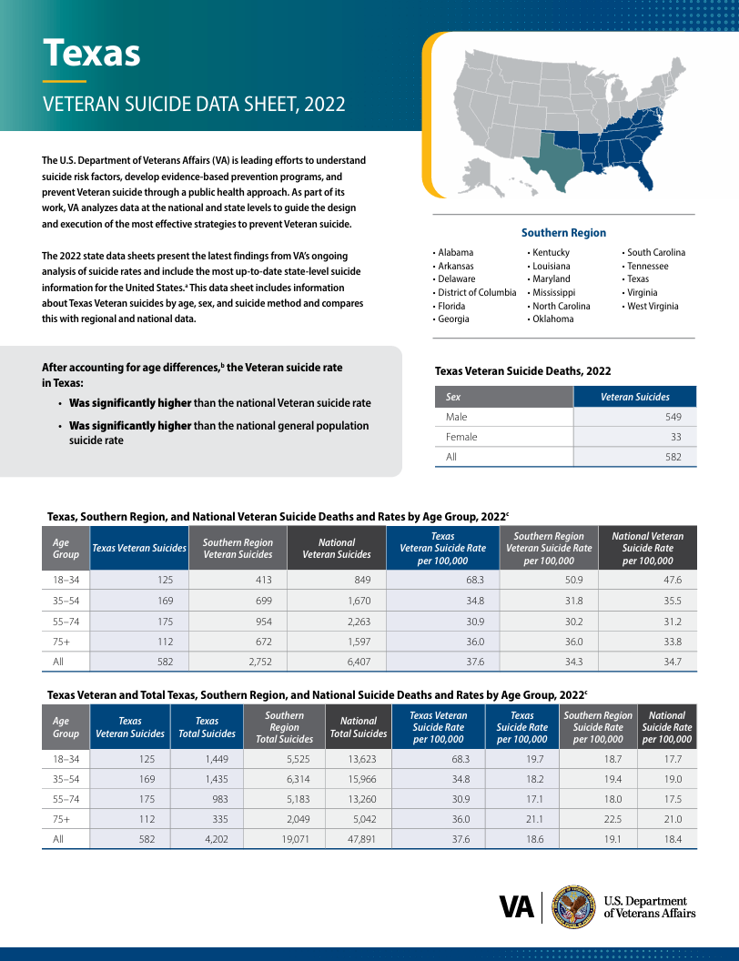 2022 Texas Veteran Suicide Data Sheet